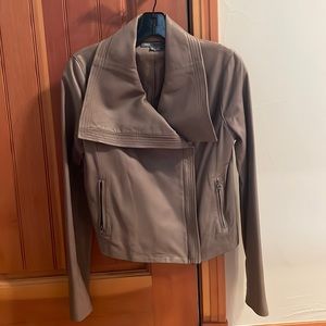 Vince Lamb Leather Sleeve Asymmetric Jacket Womens 4 Grey/Taupe Full Zip